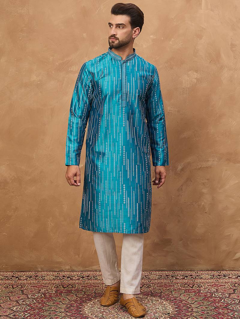 Men blue silk blend geometric printed straight kurta