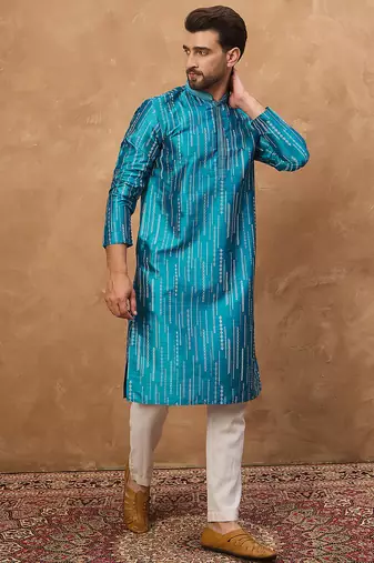 Men blue silk blend geometric printed straight kurta