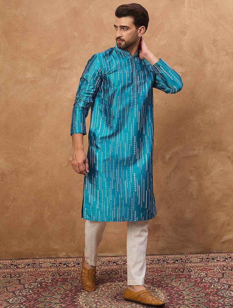 Men blue silk blend geometric printed straight kurta