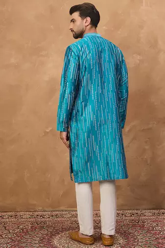 Men blue silk blend geometric printed straight kurta