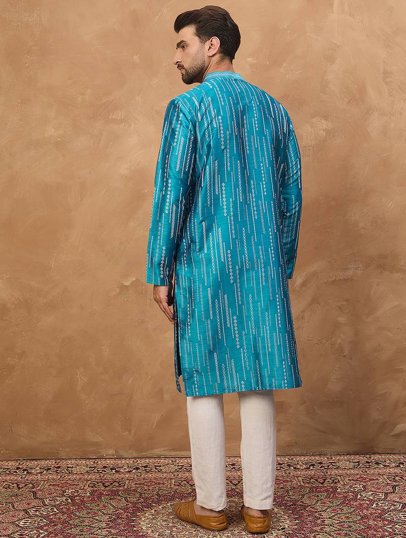 Men blue silk blend geometric printed straight kurta