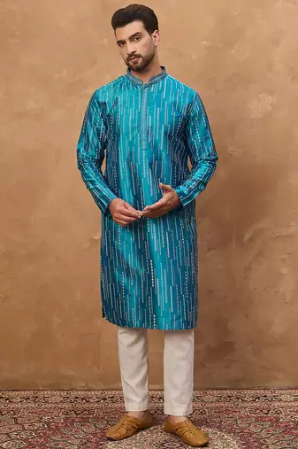 Men blue silk blend geometric printed straight kurta