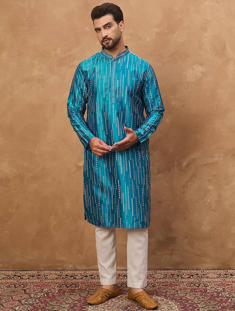 Men blue silk blend geometric printed straight kurta