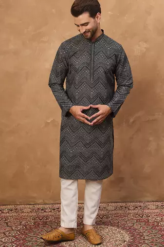 Men black silk blend geometric printed straight kurta