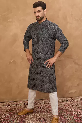 Men black silk blend geometric printed straight kurta