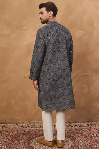 Men black silk blend geometric printed straight kurta
