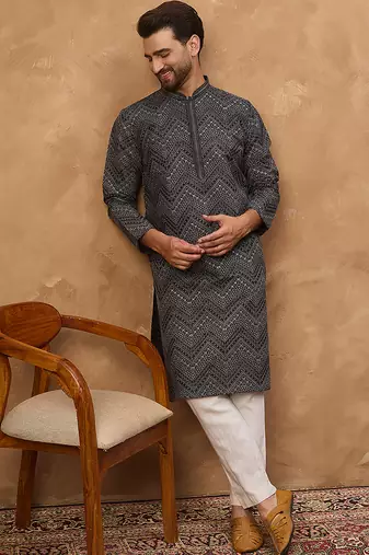 Men black silk blend geometric printed straight kurta