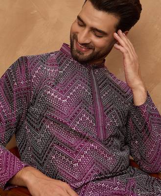 Men purple silk blend geometric printed straight kurta 1