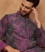 Men purple silk blend geometric printed straight kurta