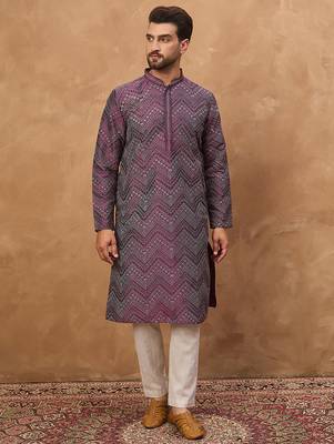 Men purple silk blend geometric printed straight kurta 2