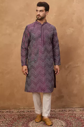 Men purple silk blend geometric printed straight kurta