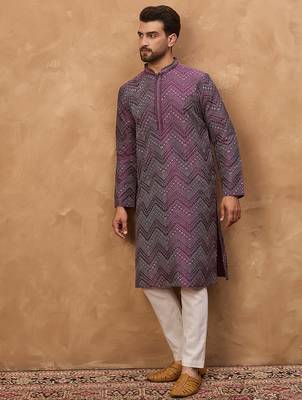 Men purple silk blend geometric printed straight kurta 3