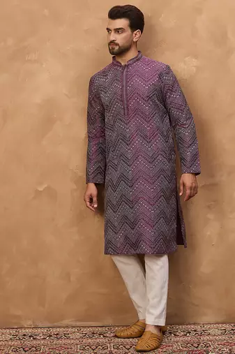 Men purple silk blend geometric printed straight kurta
