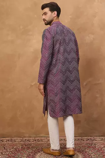 Men purple silk blend geometric printed straight kurta