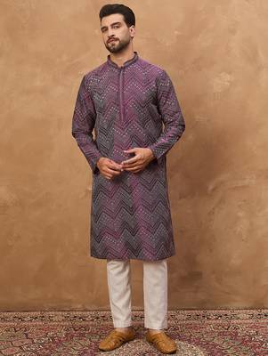 Men purple silk blend geometric printed straight kurta 5
