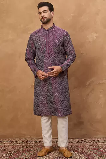 Men purple silk blend geometric printed straight kurta