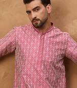 Men pink silk blend ethnic motifs printed straight kurta