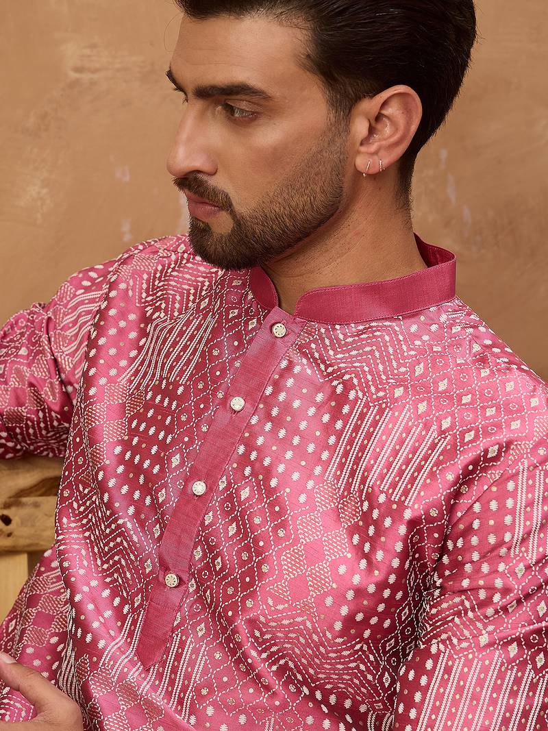 Men pink silk blend geometric printed straight kurta