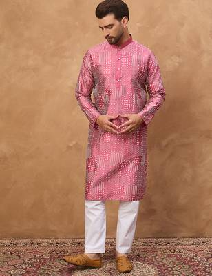 Men pink silk blend geometric printed straight kurta 2