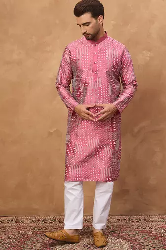 Men pink silk blend geometric printed straight kurta