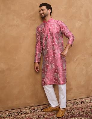 Men pink silk blend geometric printed straight kurta 3