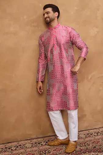 Men pink silk blend geometric printed straight kurta