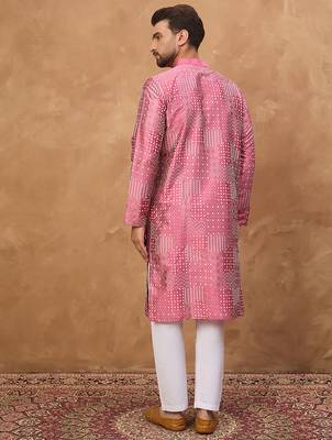 Men pink silk blend geometric printed straight kurta 4