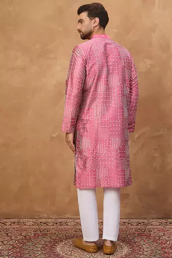 Men pink silk blend geometric printed straight kurta
