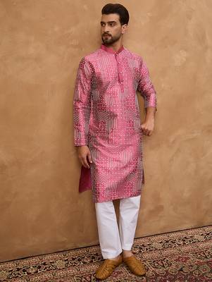 Men pink silk blend geometric printed straight kurta 5