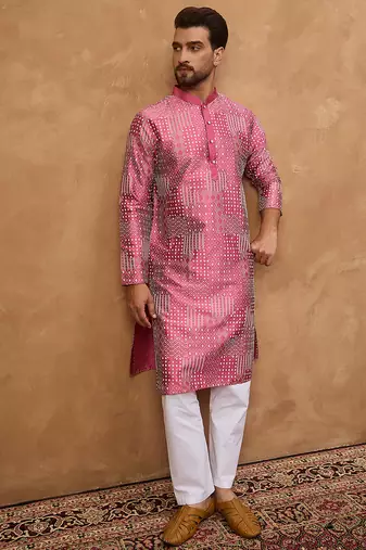 Men pink silk blend geometric printed straight kurta