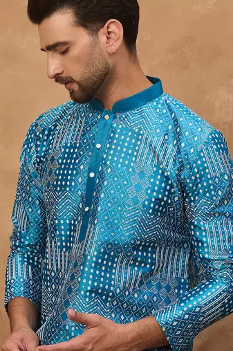 Men blue silk blend geometric printed straight kurta