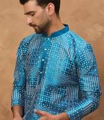 Men blue silk blend geometric printed straight kurta