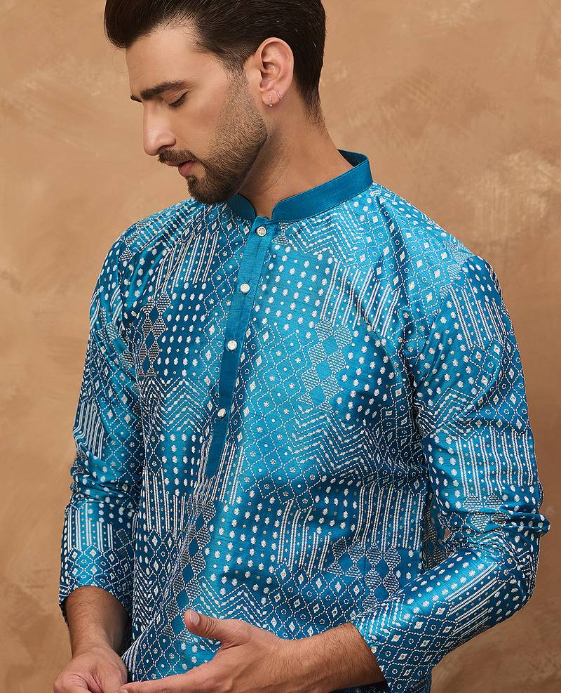 Men blue silk blend geometric printed straight kurta