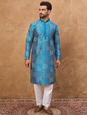 Men blue silk blend geometric printed straight kurta 1