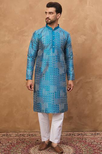Men blue silk blend geometric printed straight kurta