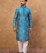 Men blue silk blend geometric printed straight kurta