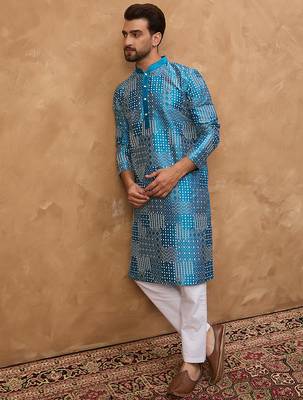 Men blue silk blend geometric printed straight kurta 3
