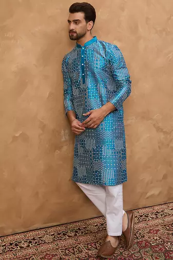 Men blue silk blend geometric printed straight kurta