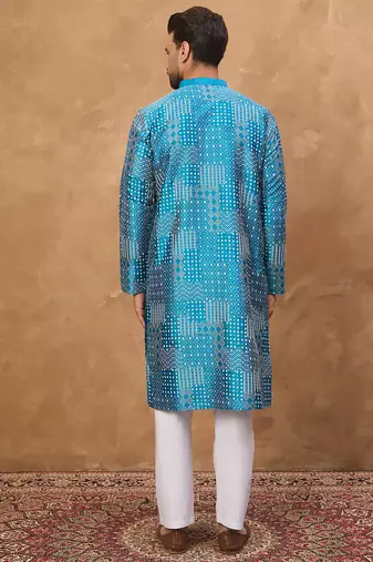 Men blue silk blend geometric printed straight kurta