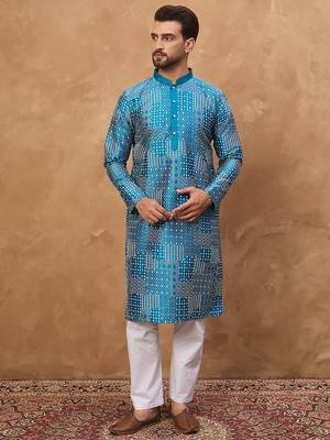Men blue silk blend geometric printed straight kurta 5