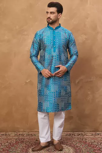 Men blue silk blend geometric printed straight kurta