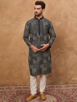 Men black silk blend geometric printed straight kurta 1