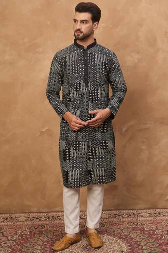 Men black silk blend geometric printed straight kurta