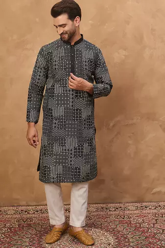 Men black silk blend geometric printed straight kurta