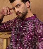 Men purple silk blend geometric printed straight kurta