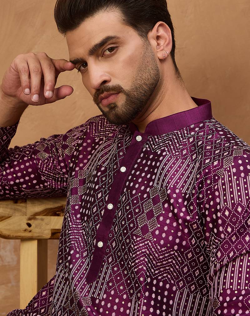 Men purple silk blend geometric printed straight kurta