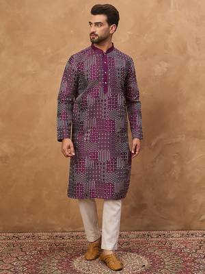 Men purple silk blend geometric printed straight kurta 2