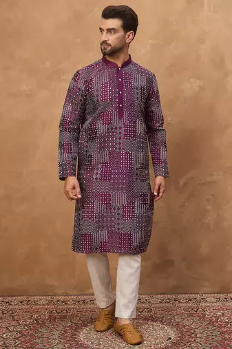 Men purple silk blend geometric printed straight kurta