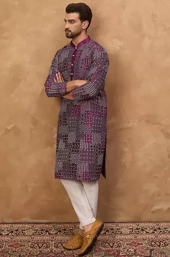 Men purple silk blend geometric printed straight kurta