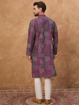Men purple silk blend geometric printed straight kurta 4